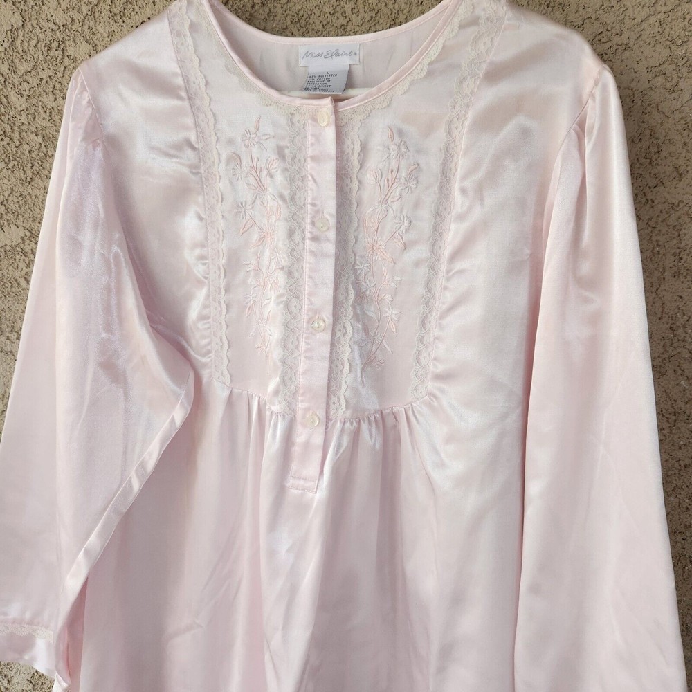 Vintage Miss Elaine Pink Soft Nightgown Lace & Embroidered Size Large